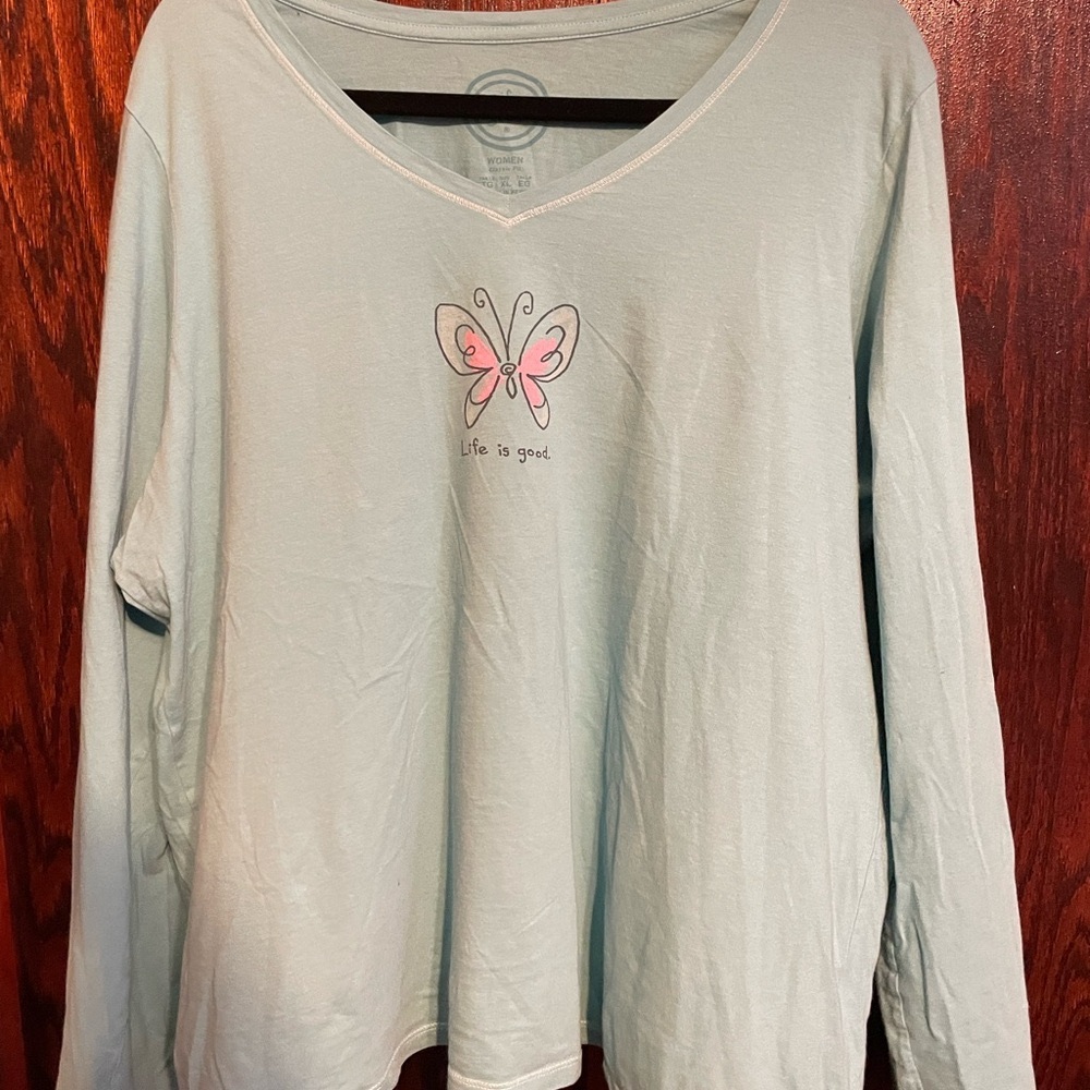 Life Is Good Light Green Long Sleeve Tee with Pink Butterfly in good used